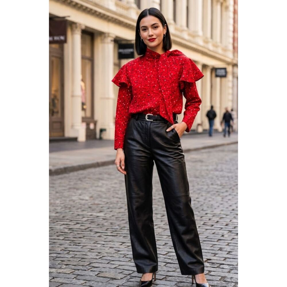 Zara Tie Neck Heart Print Satin Ruffle Long Sleeve Blouse Women's Size Small